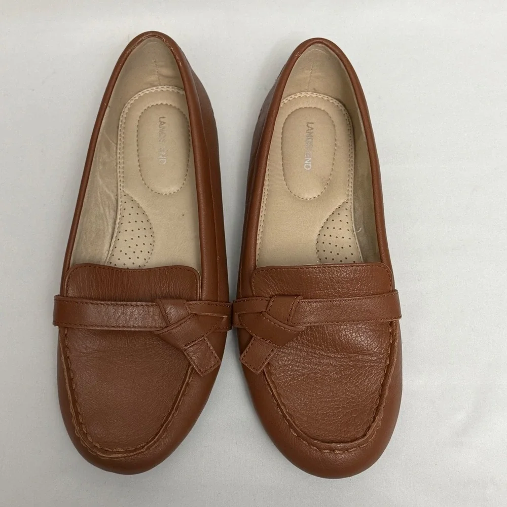 Lands‎ End Womens Cognac Brown Leather Driving Loafers Shoes 7.5 D Wide Preppy